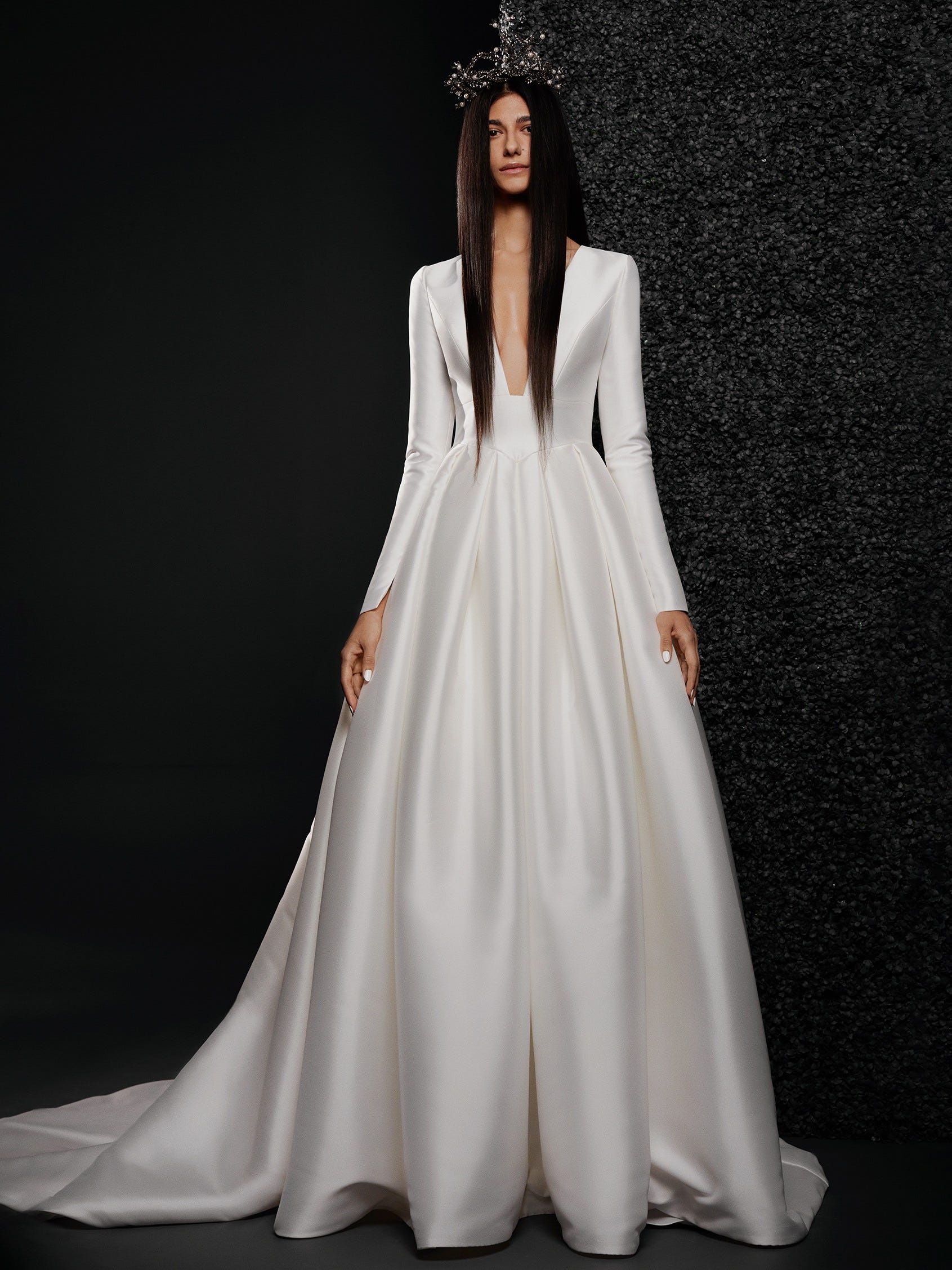 front princess wedding dress v-neck long sleeves mikado coraline
